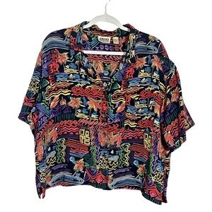 Vintage Chico's Y2K Artsy Tropical Multicolor Bold 90s Button Down Top Size XL